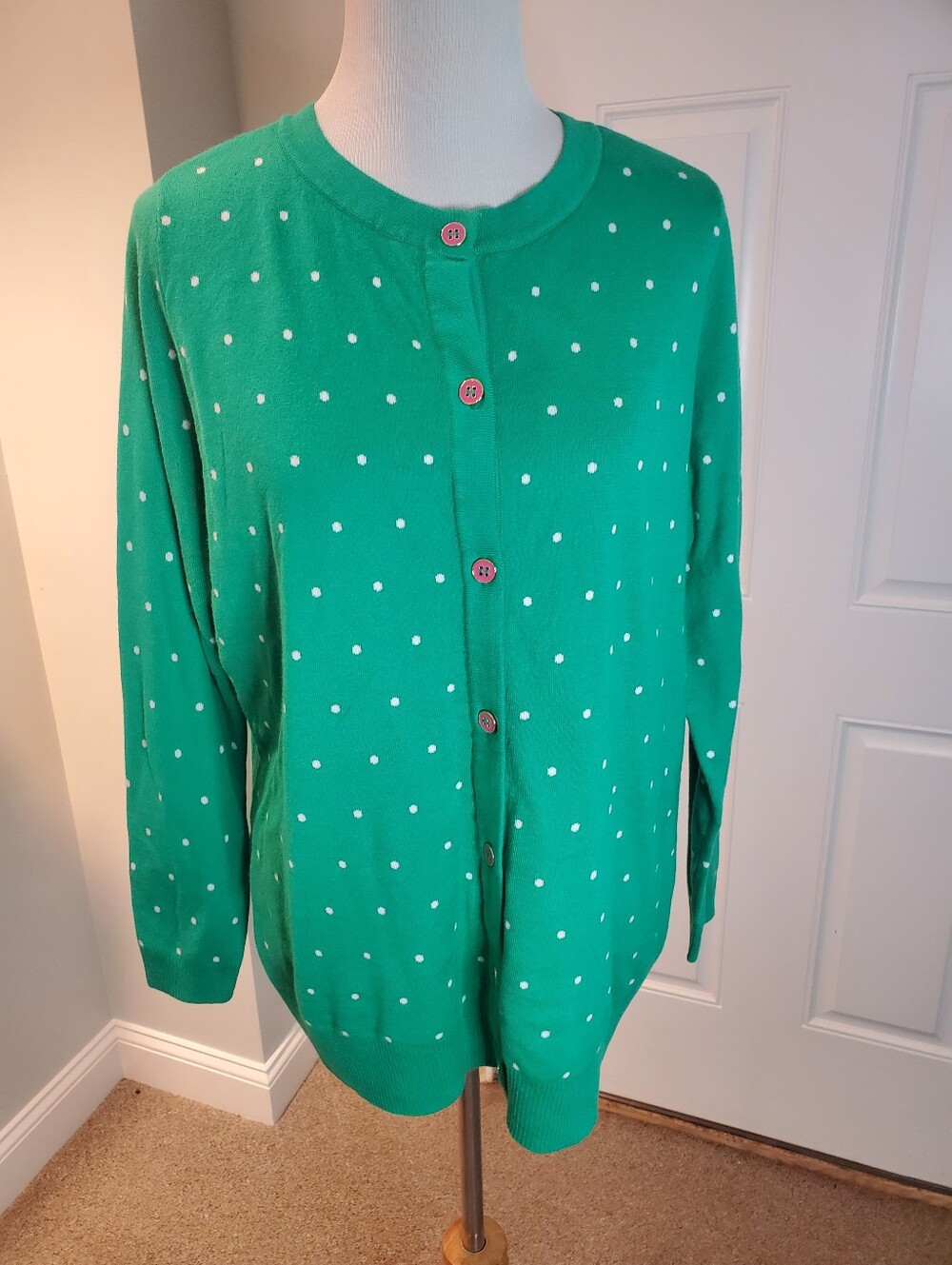Belle By Kim Gravel Green Mini Dots Button Cardigan.